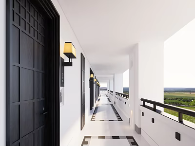 Hotel Corridor Featuring Black Doors Yellow Lamps White Walls Black White Checkered Floor Tiles 3d model