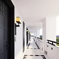 Hotel Corridor Featuring Black Doors Yellow Lamps White Walls Black White Checkered Floor Tiles