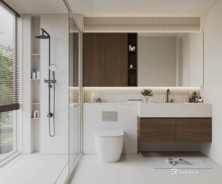 Modern Bathroom Interior With Glass Shower Wooden Cabinets White Toilet And Vanity Mirror 3d model 