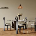 Modern Dining Table Set with Marble Top Curved Back Chairs Hanging Pendant Light Flower Vase