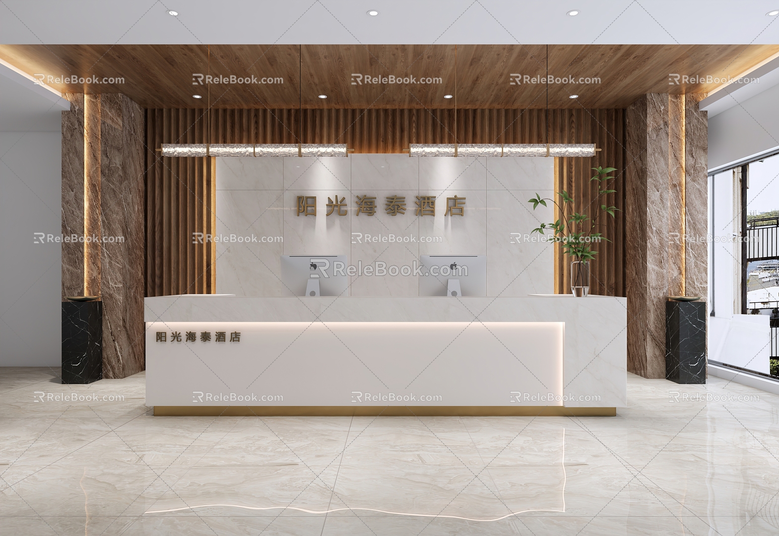 Hotel Front Desk Front Desk Reception Hotel Lobby Background Wall 3d model