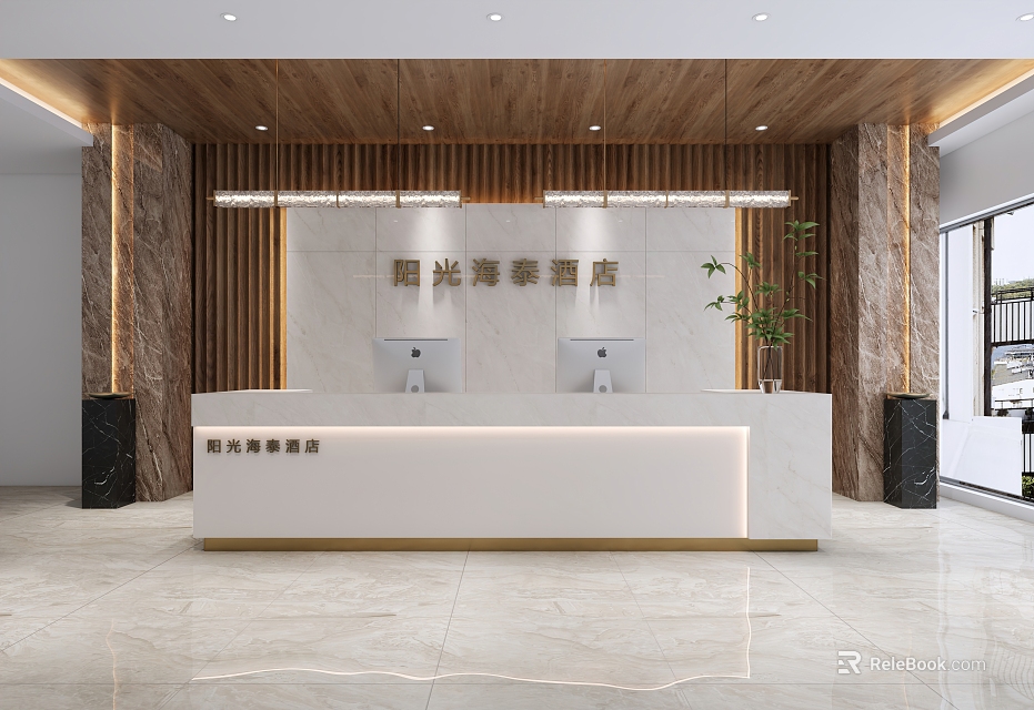 Modern Hotel Lobby Interior With Reception Desk Computers Green Plants And Wooden Accents 3d model 