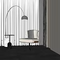 Elegant Living Room Interior With Arched Floor Lamp White Armchair And Vertical Striped Curtains