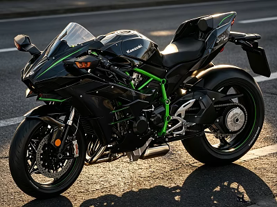 Modern Kawasaki Sport Motorcycle Black With Green Accents Sleek Body Parked On Road 3d model