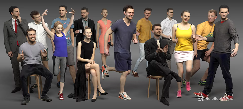 Group of People in Various Poses Wearing Different Casual Formal and Sport Outfits 3d model 