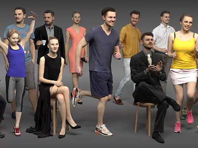 Group of People in Various Poses Wearing Different Casual Formal and Sport Outfits 3d model