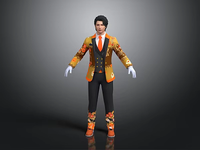 Elegant Men's Clothing With Orange Yellow Patterns White Gloves Black Vest Pants And Shoes 3d model