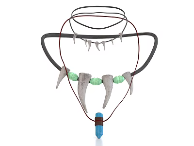 Decorative Jewelry Necklace With Tooth Shaped Accents Green Beads Blue Pendant And Black Red Cords 3d model