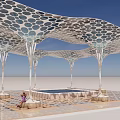 Blue Dot Pattern Sunshade Canopy With White Pillars Over Swimming Pool And People Sitting