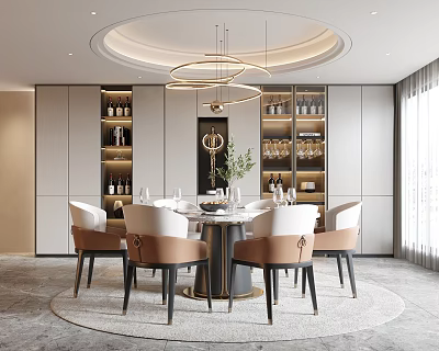 Modern Restaurant Interior With Round Dining Table Elegant Chairs Chandelier Storage Cabinets And Green Plants 3d model