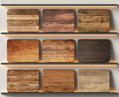 Wooden Flooring Samples Collection With Various Wood Grains And Different Colors Displayed On Shelves 3d model