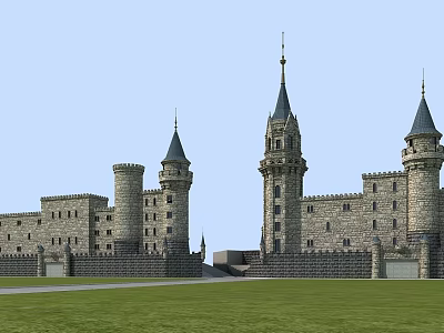 Ancient Castle Architecture With Stone Walls Tall Towers And Green Lawn 3d model