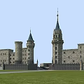 Ancient Castle Architecture With Stone Walls Tall Towers And Green Lawn 3d model