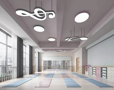 Spacious Indoor Yoga Fitness Studio With Colorful Mats Large Windows And Modern Ceiling Lights 3d model