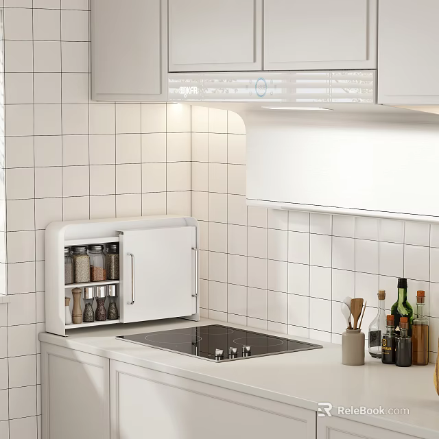 White Kitchen Interior With Storage Cabinet Shelf With Door Holding Jars And Bottles Near Stove 3d model 