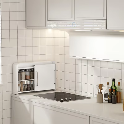 White Kitchen Interior With Storage Cabinet Shelf With Door Holding Jars And Bottles Near Stove 3d model