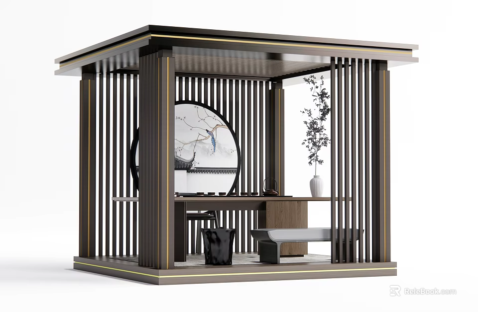 Chinese Garden Pavilion with Lattice Design Circular Decorative Painting and Interior Furniture 3d model 
