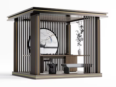 Chinese Garden Pavilion with Lattice Design Circular Decorative Painting and Interior Furniture 3d model