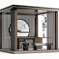 Chinese Garden Pavilion with Lattice Design Circular Decorative Painting and Interior Furniture