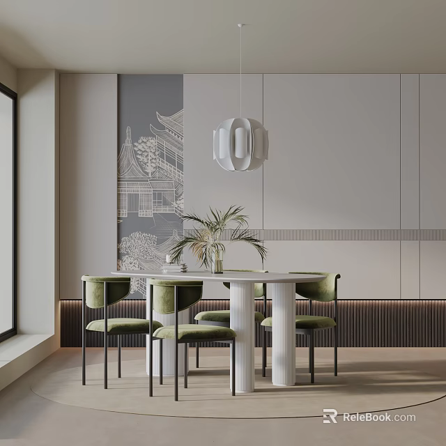 Modern Luxury Dining Table Set With Round White Table Green Chairs Patterned Wall Pendant Light 3d model