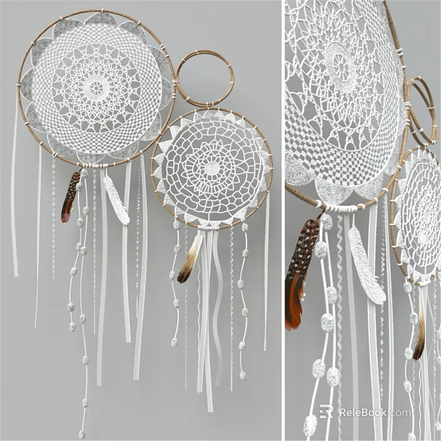 Bohemian Wall Decor With White Lace Dreamcatchers Golden Hoops Feathers Beads And Tassels 3d model 