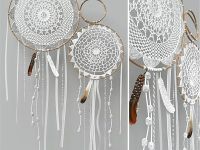 Bohemian Wall Decor With White Lace Dreamcatchers Golden Hoops Feathers Beads And Tassels 3d model