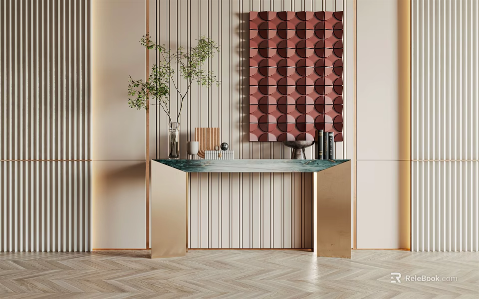 Modern Console Table Interior Design With Glass Top Gold Frame Green Plant And Striped Wall Art 3d model 