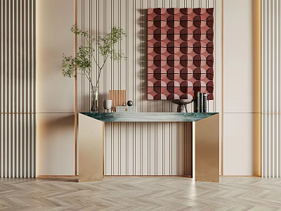 Modern Console Table Interior Design With Glass Top Gold Frame Green Plant And Striped Wall Art 3d model