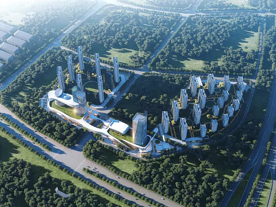 Modern Aerial Planning of Urban Development With Tall Buildings Green Spaces and Road Networks 3d model