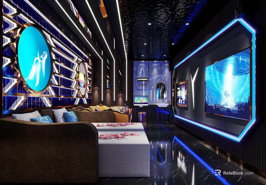 Modern KTV Interior Design With Blue Lighting Large Screen TV Sofa And Reflective Floor 3d model 