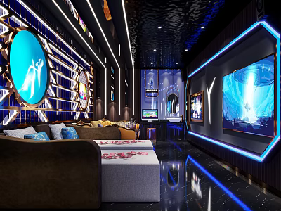 Modern KTV Interior Design With Blue Lighting Large Screen TV Sofa And Reflective Floor 3d model