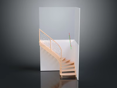 Modern Wooden Curved Staircase With White Wall And Railing Design 3d model