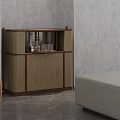 Modern Wooden Sideboard With Open Shelf Glassware And Bottles In Contemporary Room