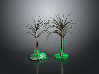Lush Palm Trees With Glowing Green Moss Base And Reflective Dark Background 3d model