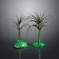 Lush Palm Trees With Glowing Green Moss Base And Reflective Dark Background