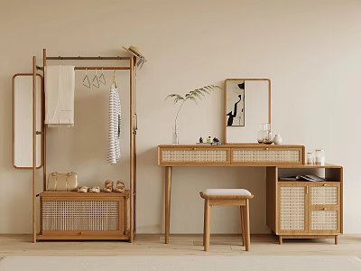 Modern Wooden Dressing Table With Rattan Details Mirror Stool And Green Plant 3d model