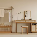 Modern Wooden Dressing Table With Rattan Details Mirror Stool And Green Plant