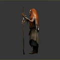 Man with red hair and long beard in tattered clothes holding staff on gray background