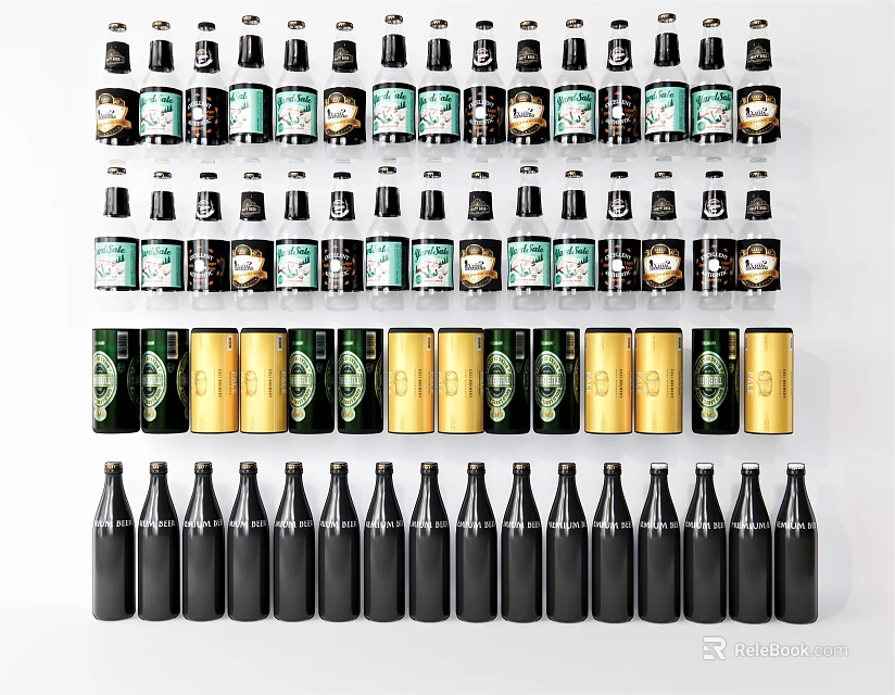 Stylish Wine Bottles And Glasses Display With Black Gold Green Bottles And Labels 3d model 