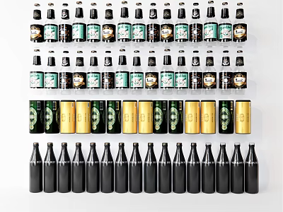 Stylish Wine Bottles And Glasses Display With Black Gold Green Bottles And Labels 3d model