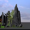 Garden Ornament Featuring Tall Rock Structure Green Tree Stone Pillars And Surrounding Plants