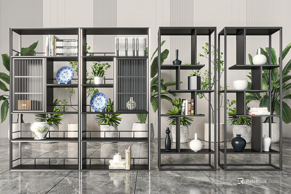 Modern Bookcase Design With Black Metal Frame Open Shelves Decorative Plants And Ceramic Vases 3d model 