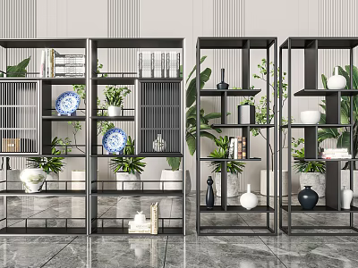 Modern Bookcase Design With Black Metal Frame Open Shelves Decorative Plants And Ceramic Vases 3d model