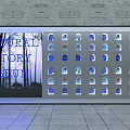 Natural History Museum Display Window with Multiple Compartments Holding Various Exhibits and Blue Lighting