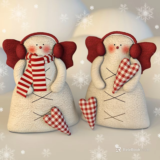 Cute Snowman Dolls with Red Wings and Striped Scarves Checkered Hearts and Snowflakes 3d model 
