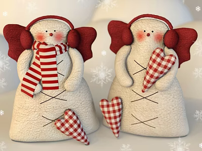 Cute Snowman Dolls with Red Wings and Striped Scarves Checkered Hearts and Snowflakes 3d model