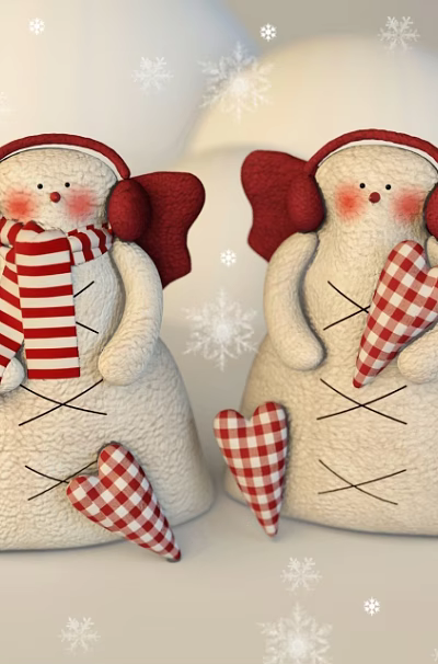 Cute Snowman Dolls with Red Wings and Striped Scarves Checkered Hearts and Snowflakes 3d model