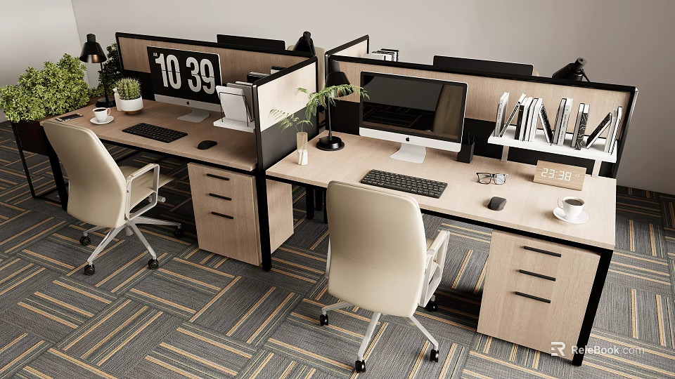 Modern Office Desk Cubicle With Computer Monitor Keyboard Mouse Potted Plant Clock And Office Chair 3d model 