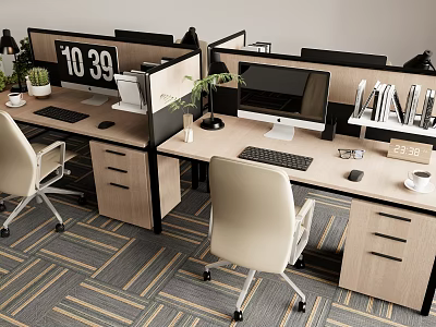 Modern Office Desk Cubicle With Computer Monitor Keyboard Mouse Potted Plant Clock And Office Chair 3d model