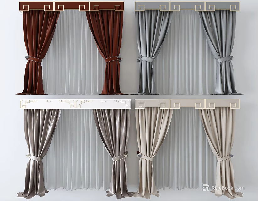 Elegant Various Colored Curtains With Decorative Top Valance And Tieback Details 3d model 